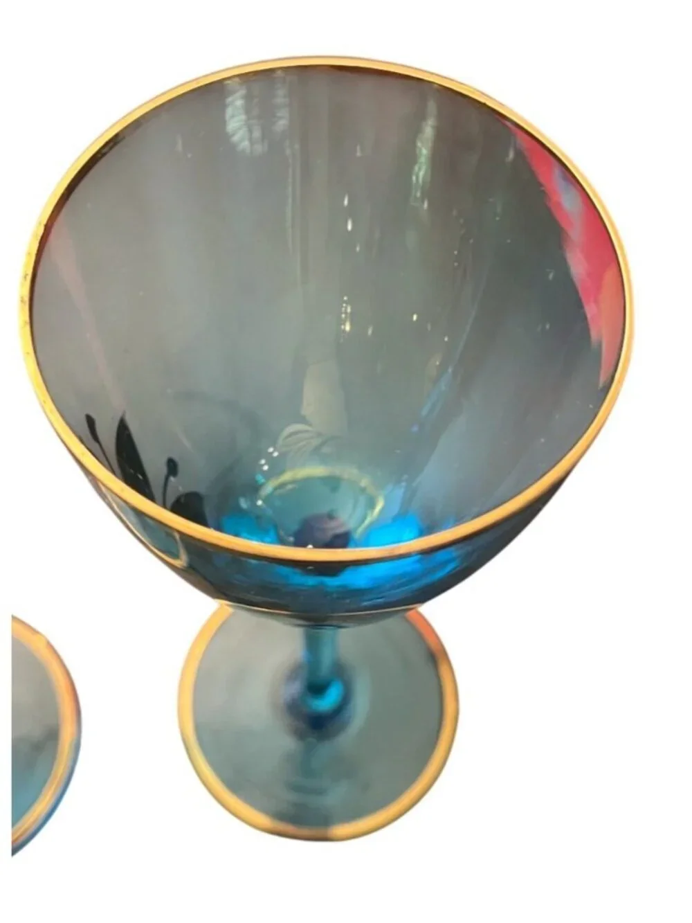 Vintage Ice Blue Wine Glasses Gold Floral Design Set Of 2 Elegant Stemware
